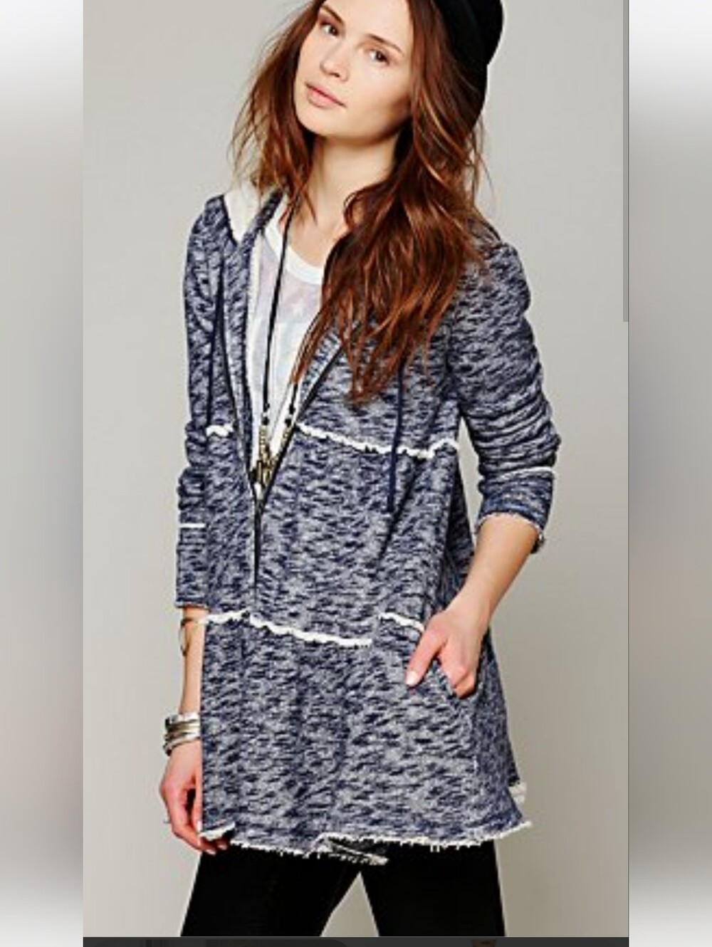 Free People Tiered Trapeze Crochet Lace Oversized Blue Hoodie M